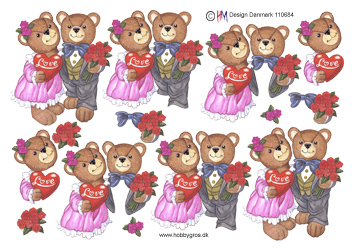 Festklædt bamsepar med hjerte og roser, HM design, 10 ark